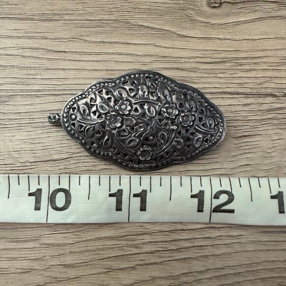 Antique Sterling Silver Victorian Edwardian Repousse Floral Hair Clip Barrette - Picture 6 of 7